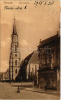 1915 Kolozsvár, Cluj; Fő téri templom, cipő nagyraktár üzlete. Gibbon Albert üzlete / main square, church, shoe shop