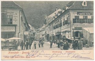 1903 Brassó, Kronstadt, Brasov; Hirschergasse / Hirscher utca (Halpiac), piac, Fonciere biztosító intézet vezérügynöksége, Nemzeti Bank, üzletek. Julius Müller's Nachf. Alfred Tartler / street, shops, insurance company, market, bank (EK)