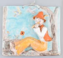 H. Ráhmer Mária (1911-1998): Furulyázó fiú. Kézzel festett, mázas fali kerámia. Jelzett, mázrepedésekkel. 28x24 cm