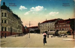 1913 Pozsony, Pressburg, Bratislava; Postapalota, lovaskocsi, Szarvas szálloda / post palace, horse cart, hotel