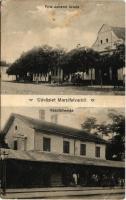 Mercyfalva, Merczyfalva, Merczifalva, Carani, Mertisoara; Fritz Johann üzlete, vasútállomás / shop, railway station (Rb)