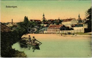 Szászrégen, Reghin; Maros folyópart, csónakázók / Mures riverside, boat