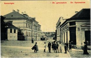 Szászrégen, Reghin; Evangélikus gimnázium, M. kir. dohány és só árulás üzlet. Rudolf Burghardt kiadása 1635. (W.L. ?) / Lutheran school, tobacco and salt shop (EK)