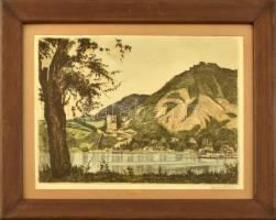 Zádor István (1882-1963): Visegrád. Színezett rézkarc, papír, jelzett. Üvegezett fakeretben. 25×34 cm