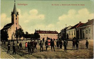 Szászrégen, Reghin; Evangélikus templom és iskola. Rudolf Burghardt kiadása / Lutheran church and school