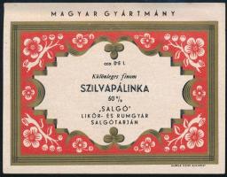 cca 1945-1950 Különleges finom Szilvapálinka, Salgó Rum és Likőrgyár italcímke, Bp., Globus-ny., 8x10 cm
