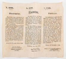 1849 Kolozsvár, cs. és királyi parancsnokság (Urban Károly ezredes) által kiadott háromnyelvű hirdetmény