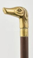 Kutyafejes sétapálca, réz fejjel, középen és a fogónál is szétcsavarható, felül kissé meglazult, kop...