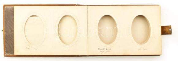 Antik fényképalbum, fém veretekkel gazdagon díszített, bordázott bőrkötésben, csattal, aranyozott la...