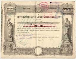 Budapest 1911. Pesti Hazai Első Takarékpénztár-Egyesület névre szóló részvénye 2000K-ról, szárazpecséttel, bélyegzésekkel, vízjeles papíron T:III