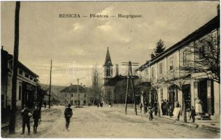 1912 Resica, Resita; Fő utca, templom, üzletek. Braumüller L. kiadása / Hauptgasse / main street, church, shops