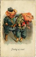 1930 Boldog új évet! Részeg malac rendőr malaccal / New Year, drunk pig with policeman pig. litho