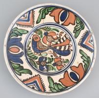 Korondi madaras tányér, jelzés nélkül, kis mázlepattanásokkal, d: 23 cm