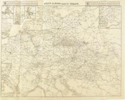 cca 1910-1920 Közép-Európa vasúti térképe. Kiadja: Posner Károly Lajos és Fia, Bp. Hiányzó borítóval, néhány kisebb szakadással, 71x53 cm