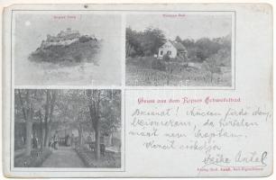 1908 Kőhalom, Reps, Rupea; Repser Burg, Warmes Bad. Gruss aus dem Repser Schwefelbad / vár, meleg fürdő, kénes fürdő, vendéglő. Verlag Rud. Jacobi / castle, warm baths, sulfur spa (EM)