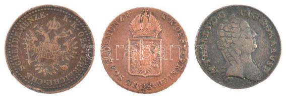 1761K 1kr Cu "Mária Terézia" + 1816B 1kr Cu (2x) + 1851B 2kr Cu T:3 ph., karc, patina 
Hu...