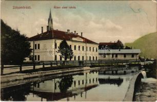 1913 Zólyombrézó, Podbrezová; Állami elemi iskola / elementary school + ZÓLYOM-BREZÓ - ZÓLYOM 98. SZ. vasúti mozgóposta bélyegző (EK)