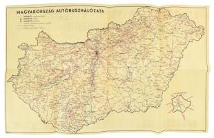 1956 Magyarország MÁVAUT autóbuszhálózati térkép, Földműves Szövetkezet reklámmal, 64×41 cm