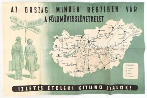 1956 Magyarország MÁVAUT autóbuszhálózati térkép, Földműves Szövetkezet reklámmal, 64×41 cm