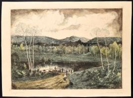 Marich Géza (1913-1985): Folyóparton. Színezett rézkarc, papír, jelzett, 29×40 cm