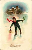 1928 Boldog új évet! Korcsolyázó fiú / New Year greeting, ice skating boy. EAS 2429. litho (EK)