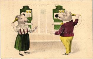 Malacok telefonálnak / Pigs talking on the phone. R.F.W.S. 186.