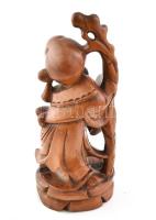Távol-keleti bölcs, faragott fa szobor, kis repedésekkel, m: 22 cm