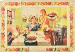 cca 1952 Vydai Brenner Nándor (1903-1966): Gazdagság kíséri az ötves tervet,/Finomabb ételhez jut ma minden gyermek,/Púpozott tál áll a dolgozók asztalán:/Bőség van mindenütt, semmiben sincs hiány. Ötéves tervet éltető, konyhai falvédőt utánzó propaganda plakát, körbevágott, szakadásokkal, az egyik sarkán hiánnyal, hajtott, 57x83 cm