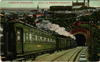 1908 Pozsony, Pressburg, Bratislava; vasúti alagút, vonat, gőzmozdony, vár. Verlag "Bediene dich allein" / railway tunnel, train, locomotive, castle (kopott sarkak / worn corners)