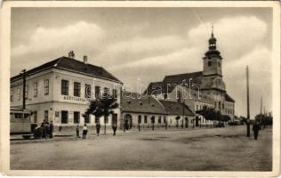 Somorja, Csallóköz-Somorja, Somorin, Samorín; Rim. kat. kostol, Mestianska skola / Szlovák polgári iskola és katolikus templom, automobil / Slovak school, Catholic church, automobile (fa)