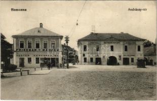 1914 Homonna, Humenné; Andrássy tér, Hotel Stefánia szálloda, bor és sörcsarnok, Friedman Márkus üzlete. Hossza Gyula kiadása / square, hotel and beer hall, shop (EK)