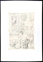 Csepeli Németh Miklós (1934-2012): Életkép, 1989. Ceruza, papír, jelezve jobbra középen, kartonra ka...