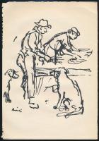 Rippl-Rónai József (1861-1927): Dolgozó férfiak kutyákkal. Cinkográfia, papír, jelzett a cinkográfián, kissé sérült lapszélekkel, 25x17 cm