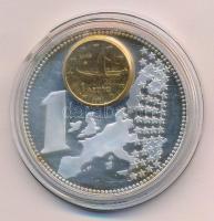 Görögország DN Európai valuták - Görögország ezüstözött Cu-Ni emlékérem, benne 2003. 1c acél aranyozva (40mm) T:1 patina Greece ND European Currency - Greece silver-plated Cu-Ni commemorative medallion with 2003. 1 Euro Cent gilded steel coin in it (40mm) C:UNC patina