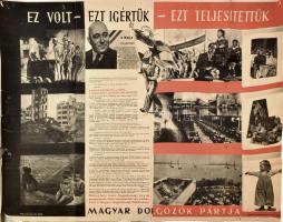 cca 1950 Ez volt - Ezt ígértük - Ez teljesítettük, Magyar Dolgozók Pártja propaganda plakát, rajta Rákosi Mátyással, fekete-fehér fotókkal, Bp., Athenaeum, sérült, hajtott, 110x85 cm