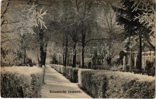 1910 Késmárk, Kezmarok; temető télen. Schmidt R. C. kiadása / cemetery in winter + "PODOLIN - POPRÁD 155" vasúti mozgóposta bélyegző (EM)