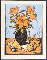 Réti Mátyás (1922-2002): Liliom. Színes linómetszet, papír, jelzett, 38,5×28,5 cm