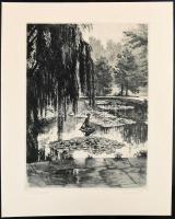 Major János (1934-2008): Margitsziget. Rézkarc, papír, jelzett, kartonra kasírozva, 39×29 cm