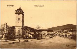 Rozsnyó, Roznava; Fő tér, Rákóczi őrtorony, piac, Gróf Andrássy Dénesné (Franciska) szobor. Falvi Jenő kiadása / main square, watchtower, market, statue (kis szakadás / small tear)