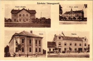 1914 Tótmegyer, Slovensky Meder, Palárikovo; vasútállomás, vonat, Római katolikus iskola, Iskola, Népház, szövetkezet üzlete / railway station, train, schools, town hall, cooperative shop (r)