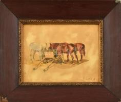 Edvi Illés Aladár (1870-1958): Abrakoló lovak. Akvarell, papír. Jelzett. Üvegezett, sérült fakeretben. 19,5x26 cm