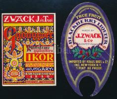 cca 1930 Zwack J. és Tsai Gyöngyvér gyümölcslikőr és Blackberry Liqueur, 2 db régi italcímke