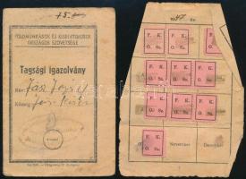 1947-1949 Földmunkások és Kisbirtokosok Országos Szövetsége tagsági igazolványa, tagsági bélyegekkel.
