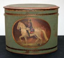 Antik díszes kávésdoboz a múlt század derekáról, lovas grafikával és 13cm-es magassággal