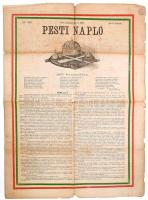 1867 Pesti Napló, 18. évfolyamának 1867. jun. 8. száma, koronázás napi szám, ünnepi piros-fehér-zöld keretes címlappal, a címlapon adóbélyegzéssel, menetrenddel, reklámokkal, Bp., Emich-ny., szakadozott, hajtott, 4 p.