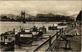 1935 Budapest V. Dunai látkép a rakpartról, Erzsébet híd, királyi vár, Pironcsák Antal halászbárkája