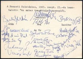 1983 Nemzeti Színház: Az ember tragédiája c. előadás teljes stábjának aláírása Madách FDC-n. Bubik István, Tóth Éva, Balkay Géza, Trokán Péter, Sinkovits Imre Rendező: Vámos László; és még sokan mások