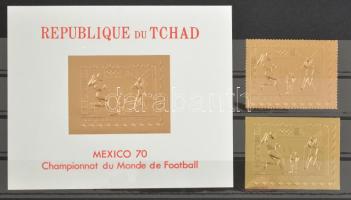 Football perforate and imperforate stamp + imperforate block, Olimpiai futballtorna és labdarúgó-világbajnokság Mexikóban aranyfóliás fogazott és vágott bélyeg + vágott blokk