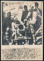 cca 1914-1918 Magyar katonák aknavetővel (Minenwerfer), mellette hegedülő katona, I. világháborús fotó, kisebb törésnyommal, 8x5,5 cm / K.u.K. soldiers with trench mortar (Minenwerfer), WWI photo