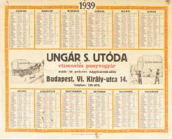 1939 Ungár S. Utóda Vízmentes Ponyvagyár Budapest falinaptár, foltos, szakadásokkal